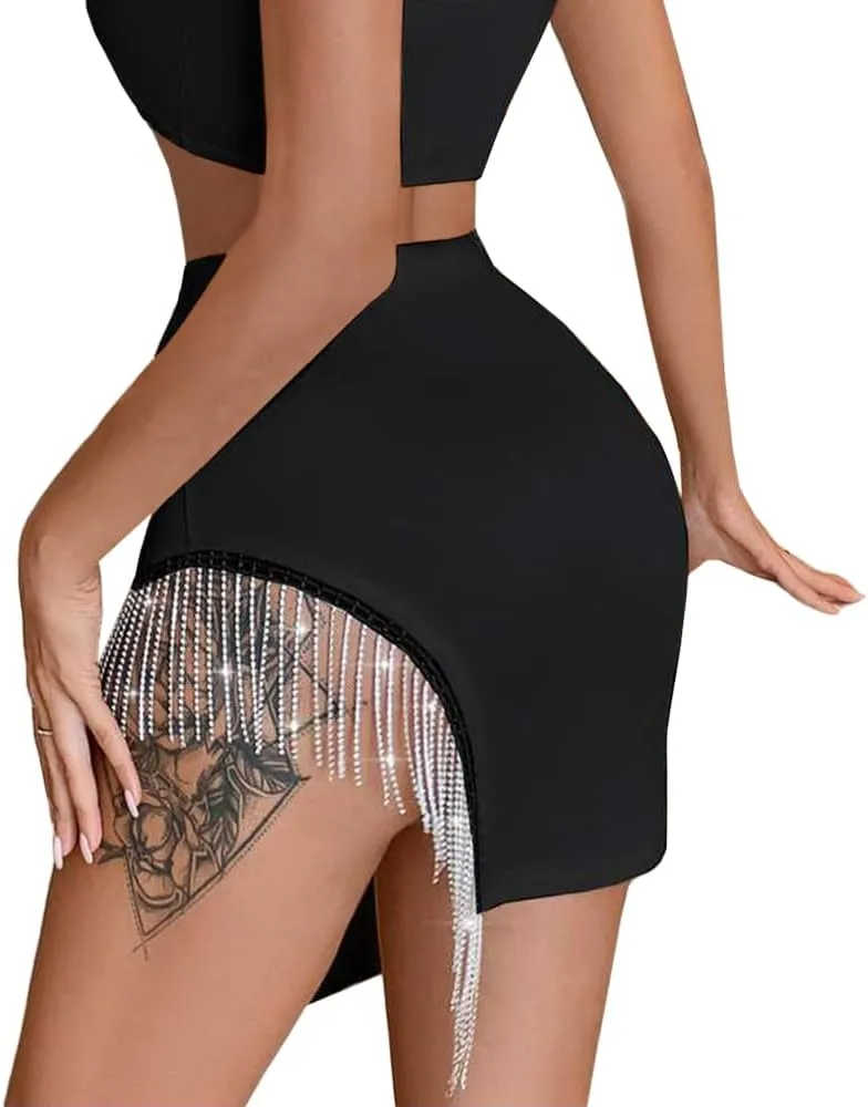 Erinaco Women's Rhinestone Fringe Trim High Waist Bodycon Slit Hem Pencil Mini Short Skirt