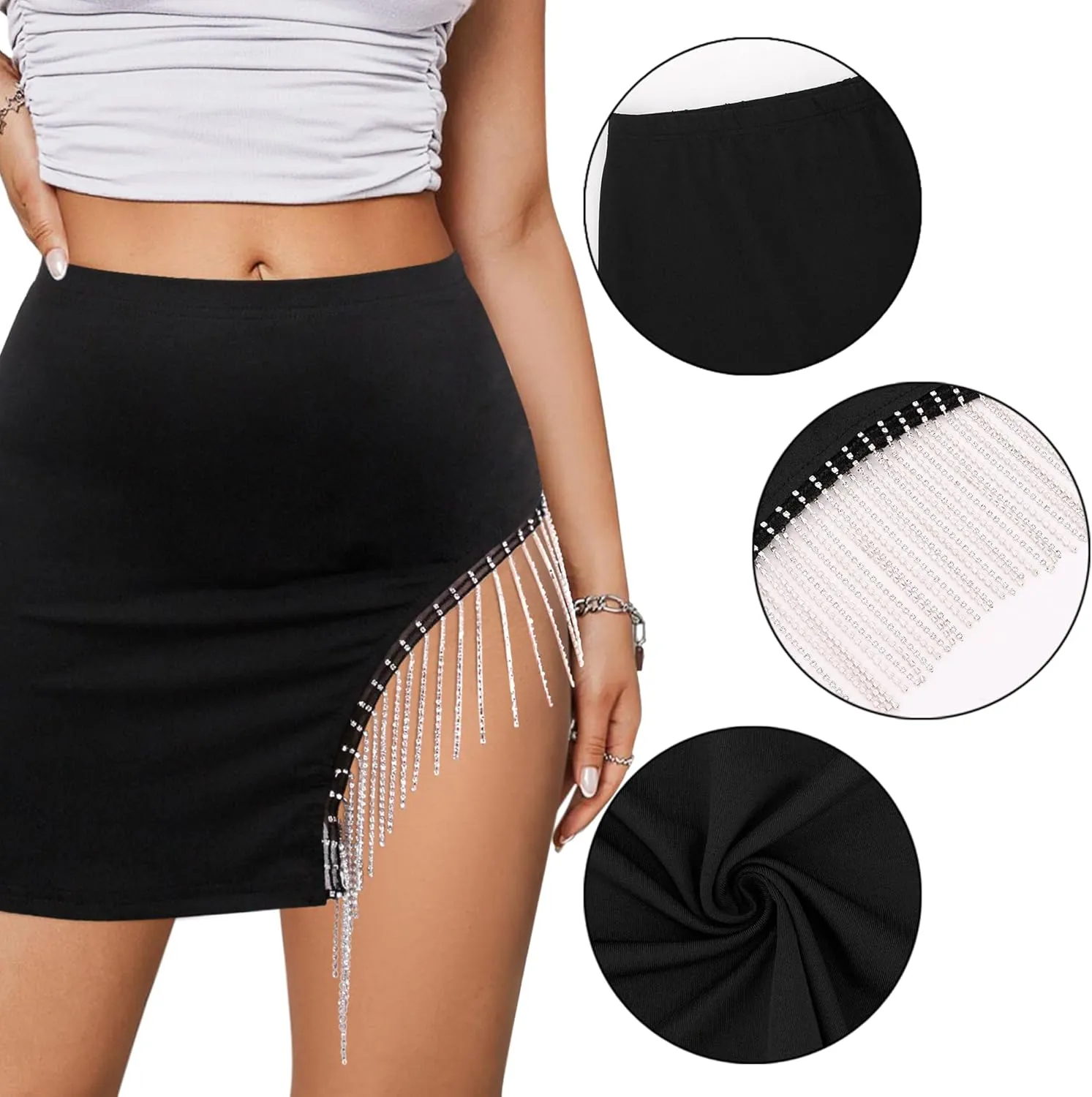 Erinaco Women's Rhinestone Fringe Trim High Waist Bodycon Slit Hem Pencil Mini Short Skirt