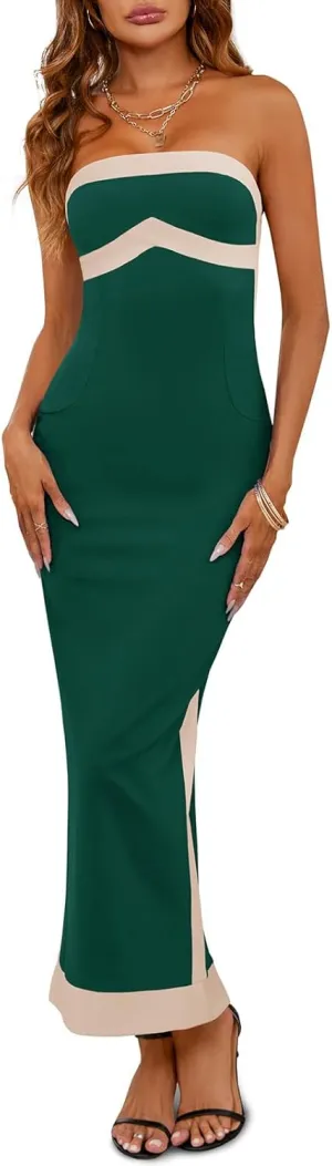 Fisoew Womens Strapless Bodycon Dress Sexy Contrast Color Off Shoulder Party Tube Maxi Dresses
