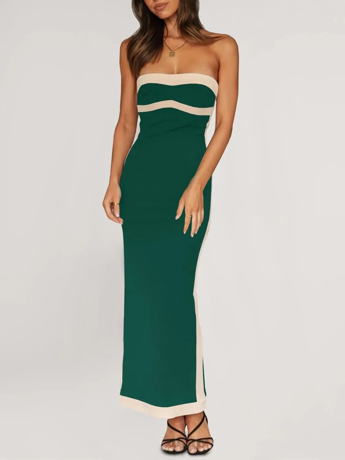 Fisoew Womens Strapless Bodycon Dress Sexy Contrast Color Off Shoulder Party Tube Maxi Dresses