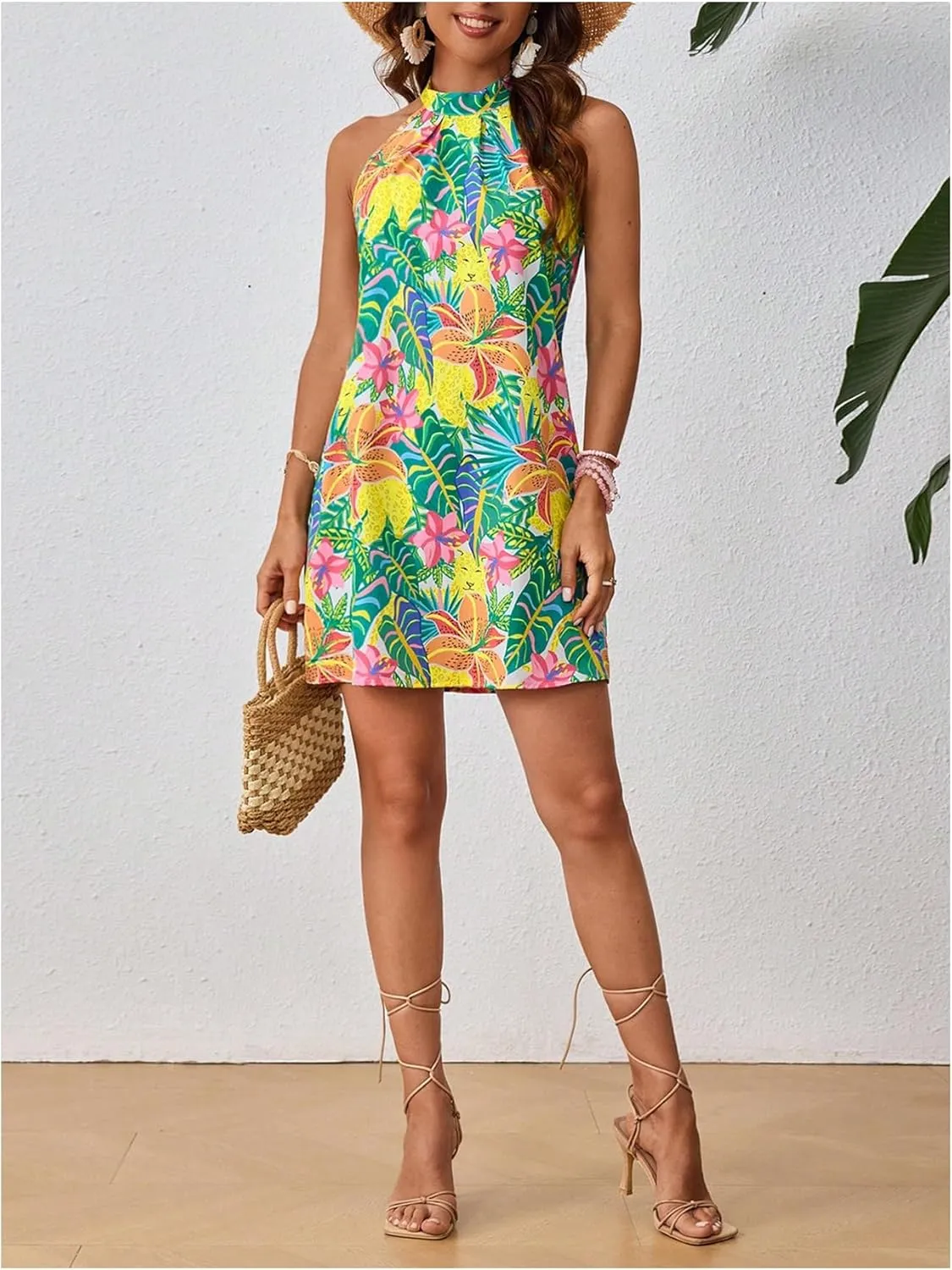 Floerns Women's Sleeveless Floral Print Sundress Halter Neck A Line Short Dress
