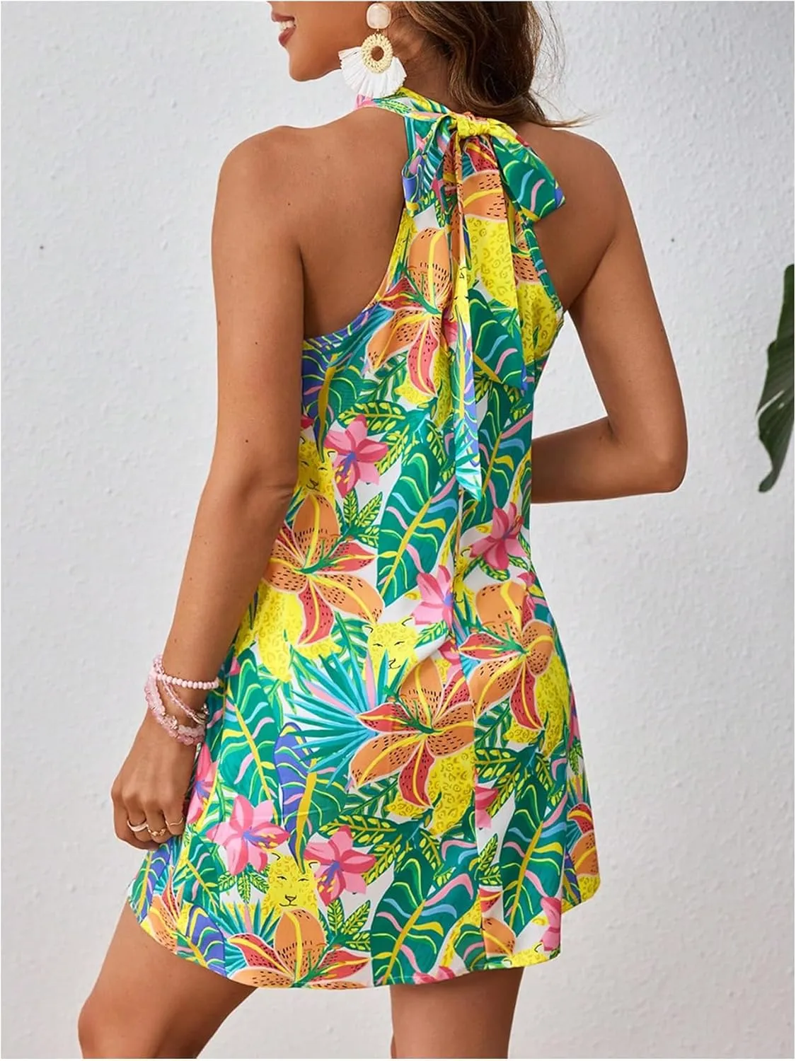 Floerns Women's Sleeveless Floral Print Sundress Halter Neck A Line Short Dress