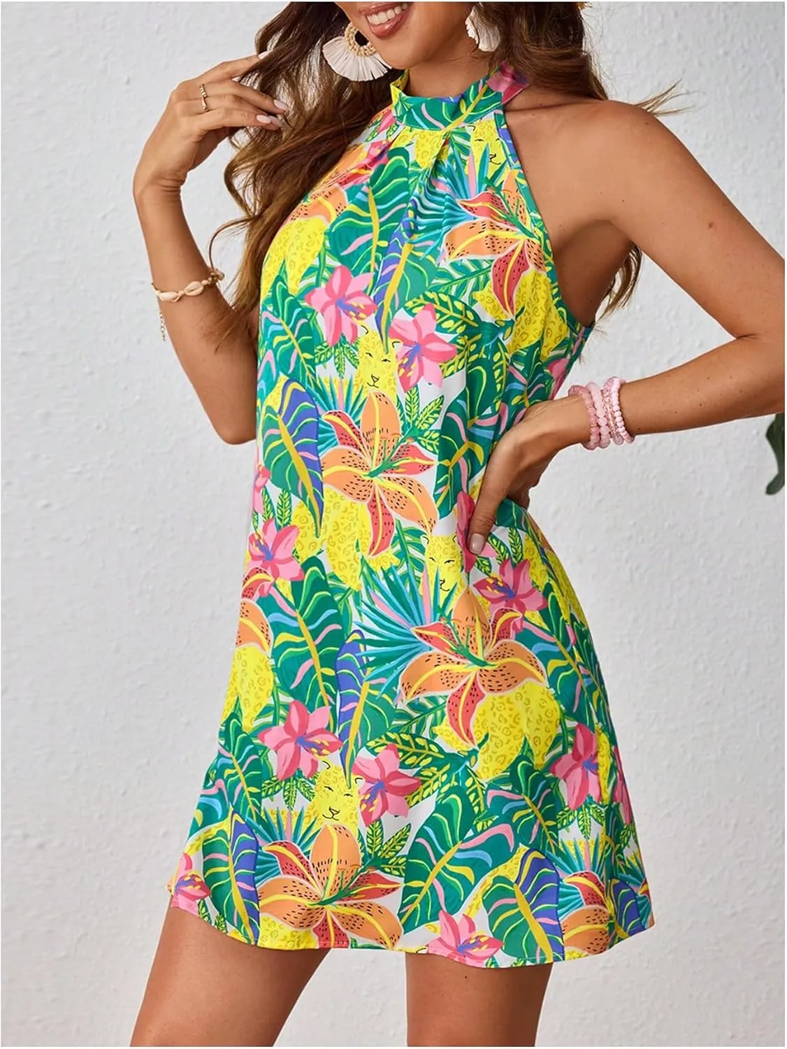 Floerns Women's Sleeveless Floral Print Sundress Halter Neck A Line Short Dress