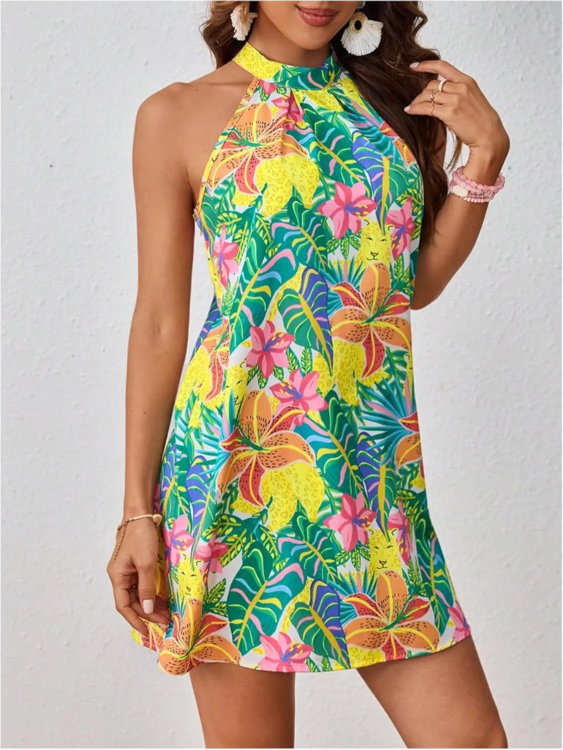 Floerns Women's Sleeveless Floral Print Sundress Halter Neck A Line Short Dress