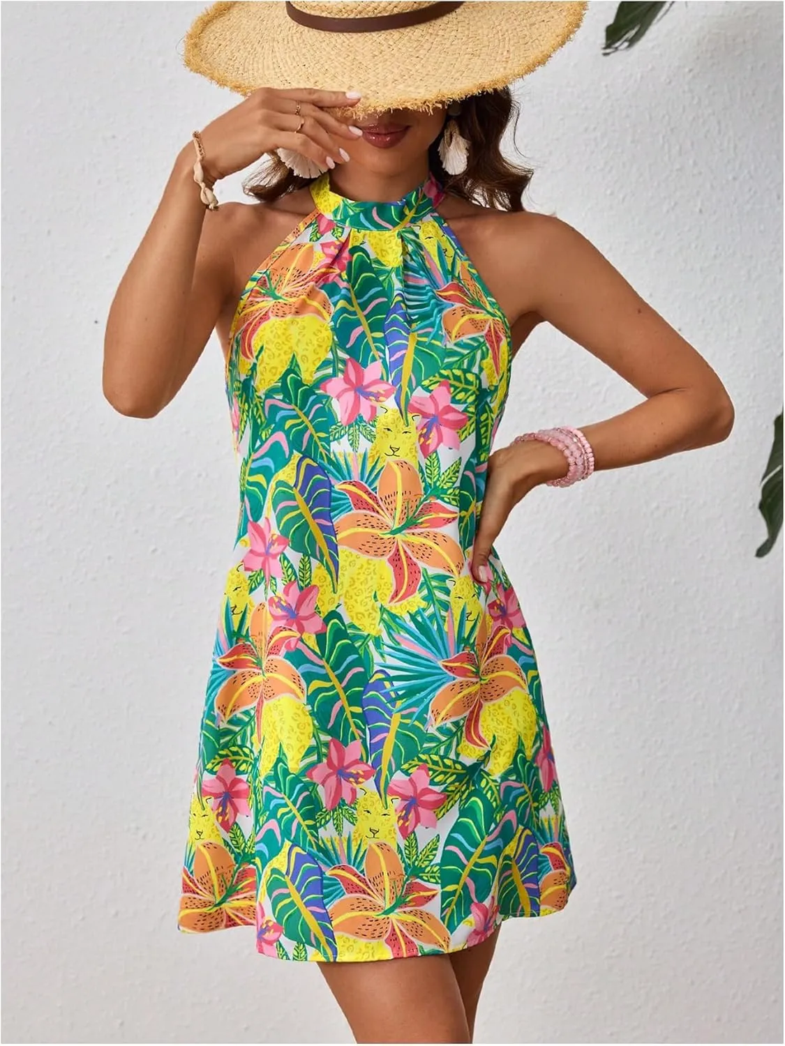 Floerns Women's Sleeveless Floral Print Sundress Halter Neck A Line Short Dress
