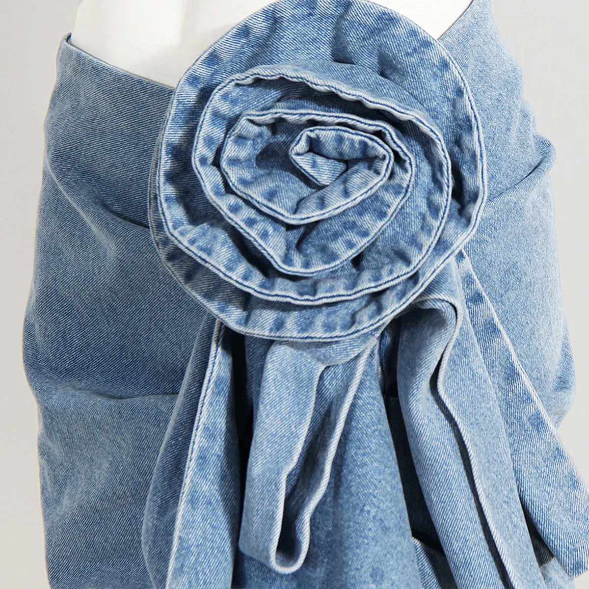 Flower Trim Ruched Denim Skirt