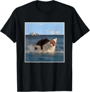 funny Art & Cat Lover Quote Cat Biting Shark Cool Fat Cat T-Shirt