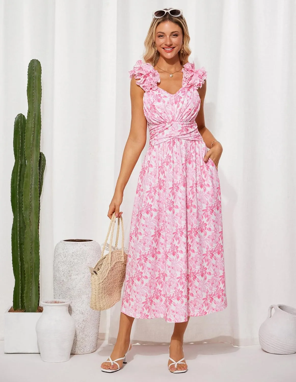 GRACE KARIN 2025 Women's Summer Floral Print Dress Sleeveless Casual Flowy Sundress A Line Ruffle Wedding Guest Outfit