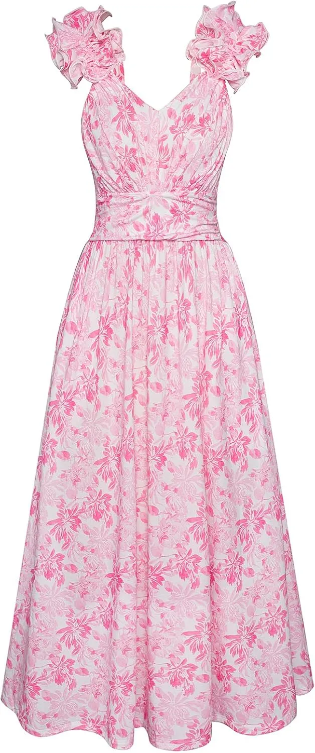 GRACE KARIN 2025 Women's Summer Floral Print Dress Sleeveless Casual Flowy Sundress A Line Ruffle Wedding Guest Outfit