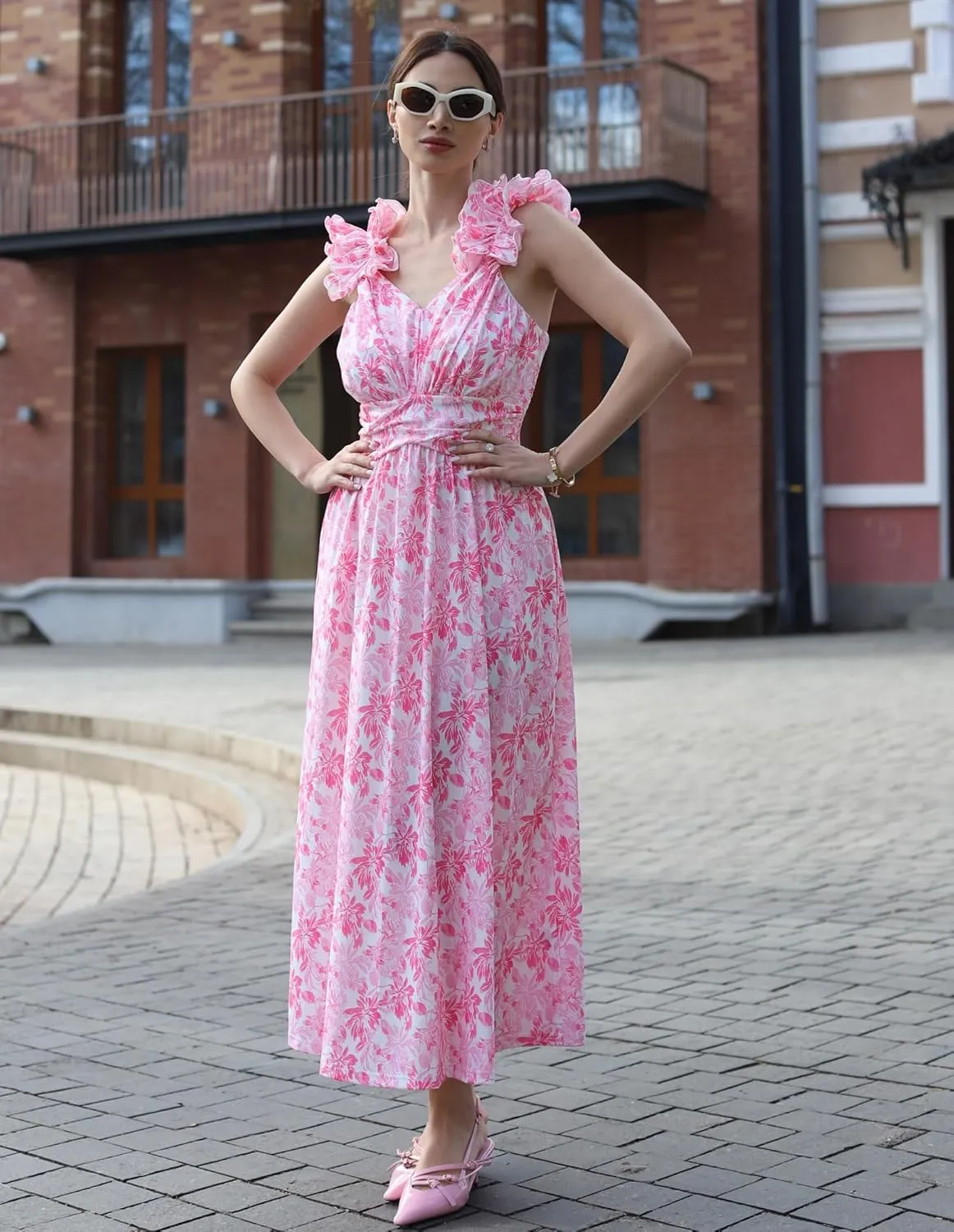 GRACE KARIN 2025 Women's Summer Floral Print Dress Sleeveless Casual Flowy Sundress A Line Ruffle Wedding Guest Outfit