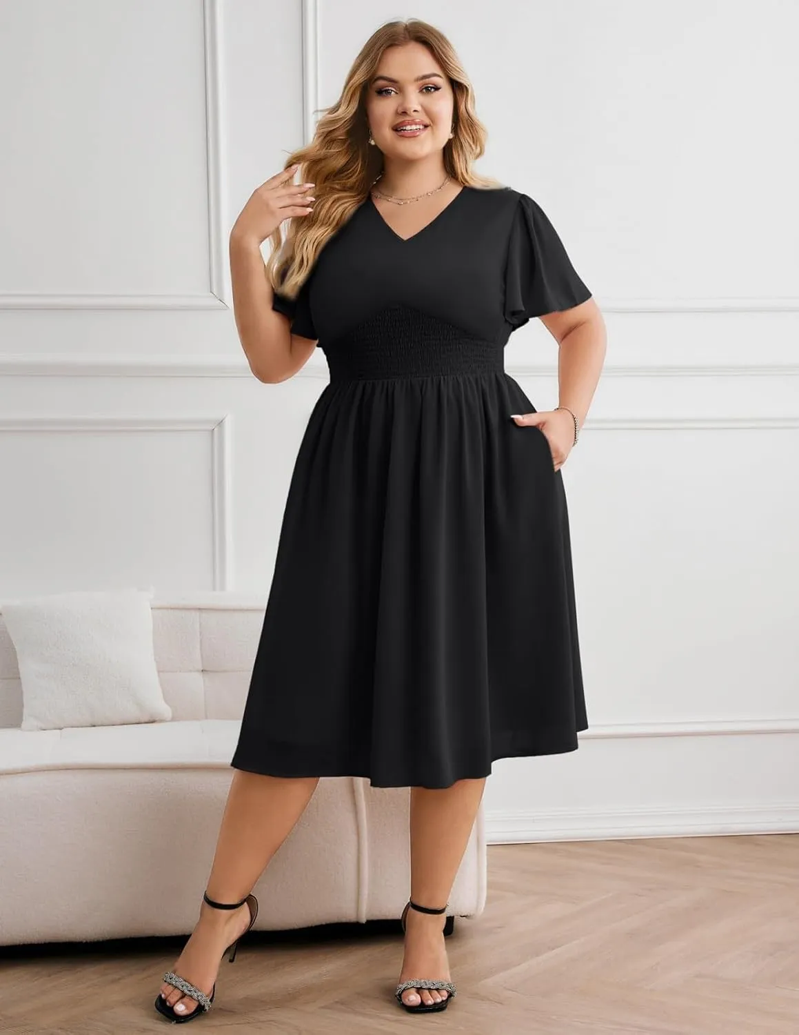 Hanna Nikole Womens Plus Size Chiffon Cocktail Dress Smocked Waist Ruffle Sleeve Party Wedding Guest Dress with Pockets