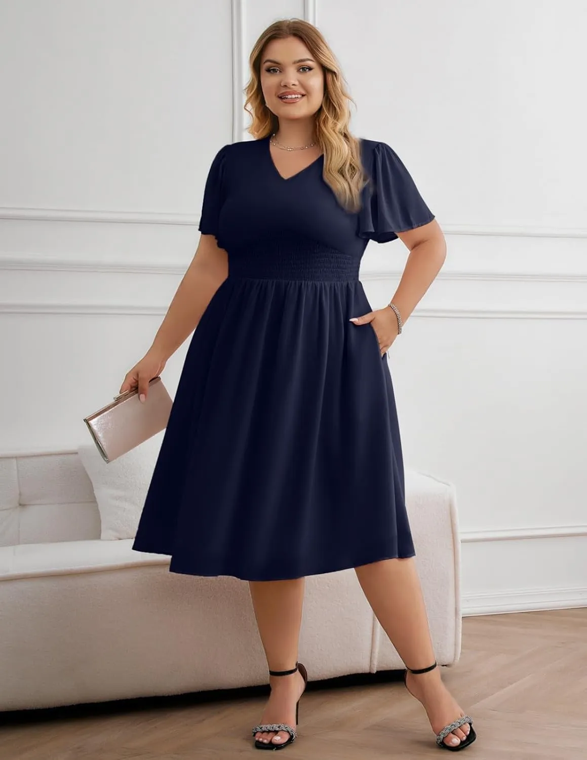 Hanna Nikole Womens Plus Size Chiffon Cocktail Dress Smocked Waist Ruffle Sleeve Party Wedding Guest Dress with Pockets