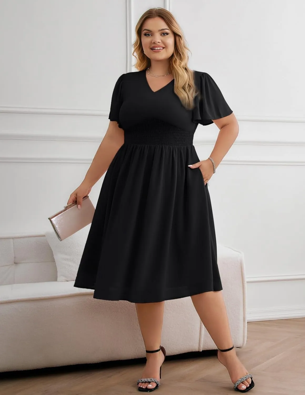 Hanna Nikole Womens Plus Size Chiffon Cocktail Dress Smocked Waist Ruffle Sleeve Party Wedding Guest Dress with Pockets
