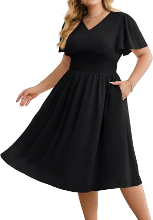 Hanna Nikole Womens Plus Size Chiffon Cocktail Dress Smocked Waist Ruffle Sleeve Party Wedding Guest Dress with Pockets