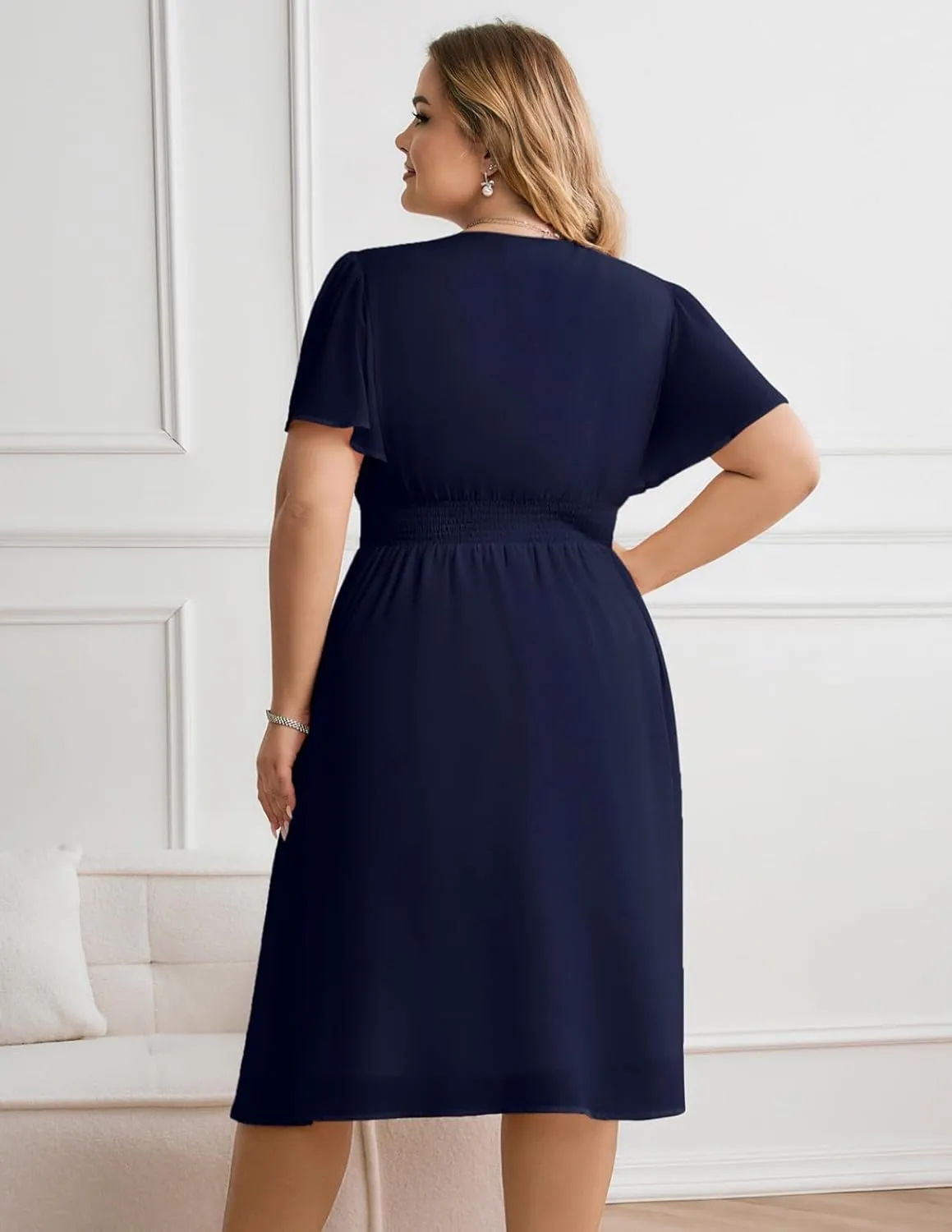 Hanna Nikole Womens Plus Size Chiffon Cocktail Dress Smocked Waist Ruffle Sleeve Party Wedding Guest Dress with Pockets