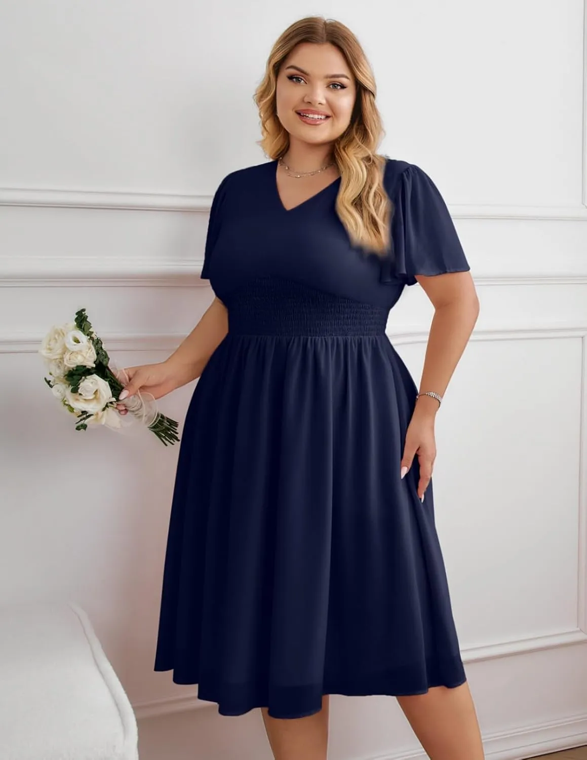 Hanna Nikole Womens Plus Size Chiffon Cocktail Dress Smocked Waist Ruffle Sleeve Party Wedding Guest Dress with Pockets
