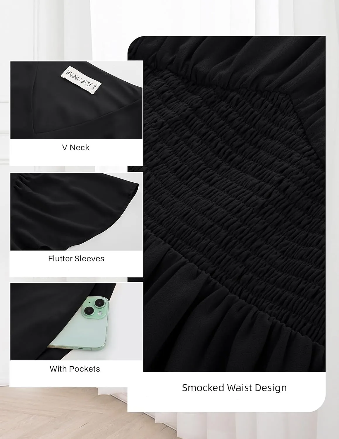 Hanna Nikole Womens Plus Size Chiffon Cocktail Dress Smocked Waist Ruffle Sleeve Party Wedding Guest Dress with Pockets