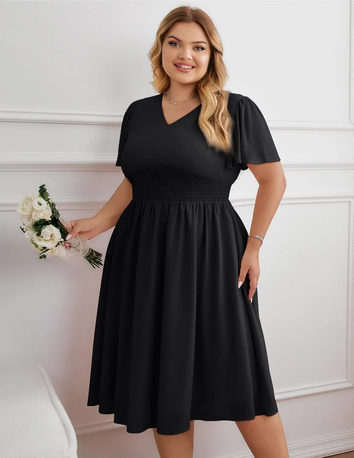 Hanna Nikole Womens Plus Size Chiffon Cocktail Dress Smocked Waist Ruffle Sleeve Party Wedding Guest Dress with Pockets