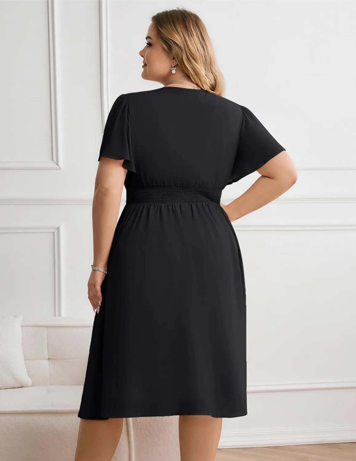 Hanna Nikole Womens Plus Size Chiffon Cocktail Dress Smocked Waist Ruffle Sleeve Party Wedding Guest Dress with Pockets