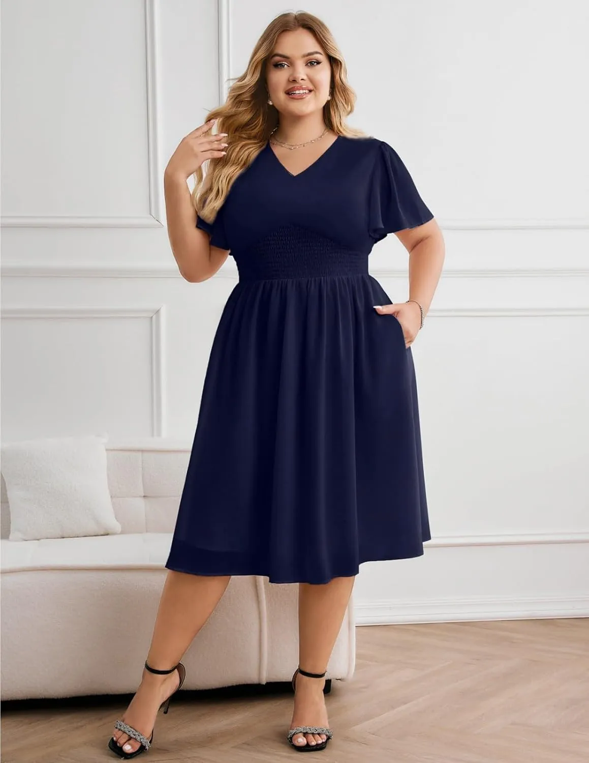 Hanna Nikole Womens Plus Size Chiffon Cocktail Dress Smocked Waist Ruffle Sleeve Party Wedding Guest Dress with Pockets