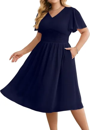 Hanna Nikole Womens Plus Size Chiffon Cocktail Dress Smocked Waist Ruffle Sleeve Party Wedding Guest Dress with Pockets