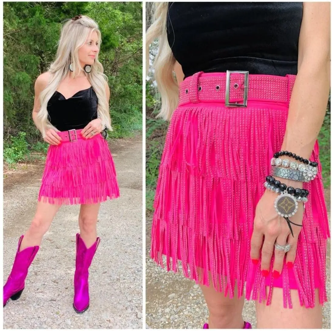 happlan Women's Rhinestone Fringe Mini Skirt with Belt