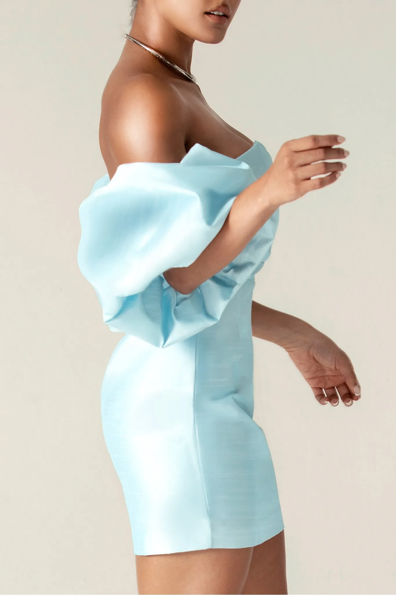 Kayla Dupioni Puff Sleeve Mini Dress (Sky Blue)
