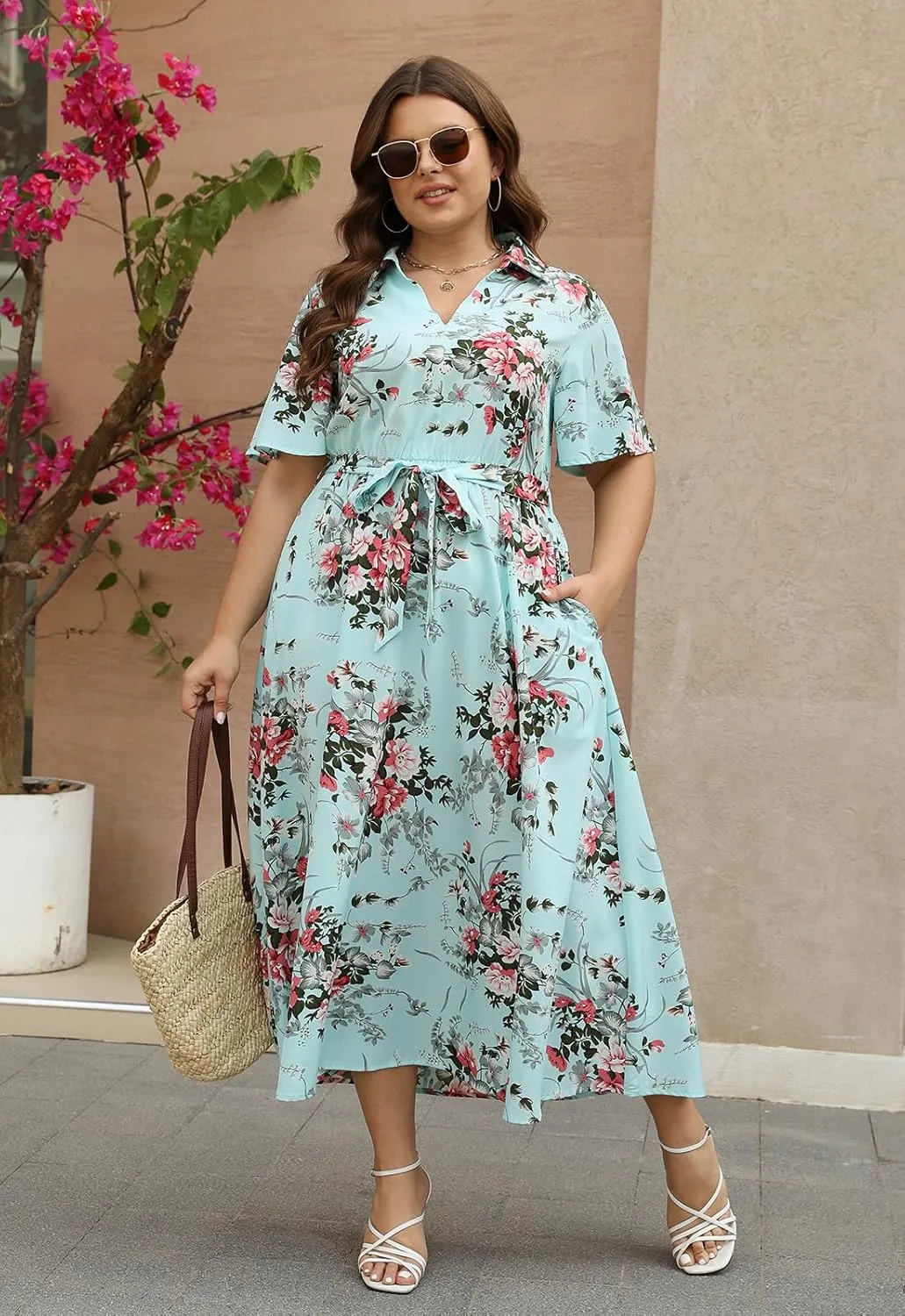 Keluummi Plus Size Wedding Guest Maxi Dresses for Curvy Women, Summer Casual Floral 3/4 Sleeve Party Wrap Dress with Pockets