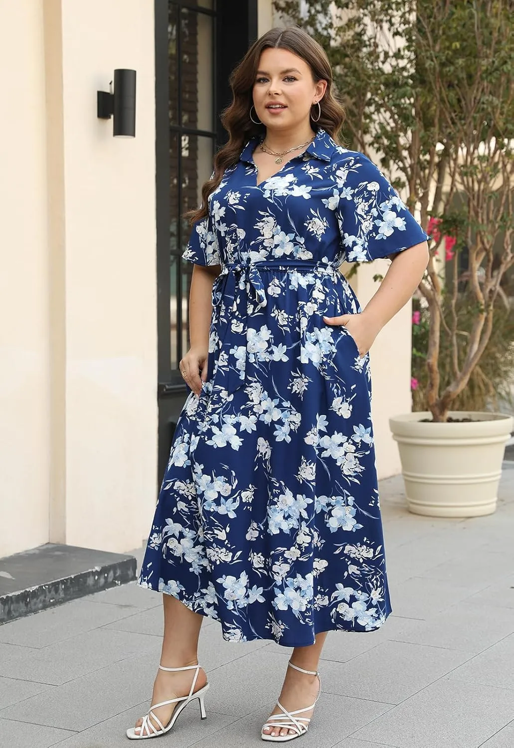 Keluummi Plus Size Wedding Guest Maxi Dresses for Curvy Women, Summer Casual Floral 3/4 Sleeve Party Wrap Dress with Pockets