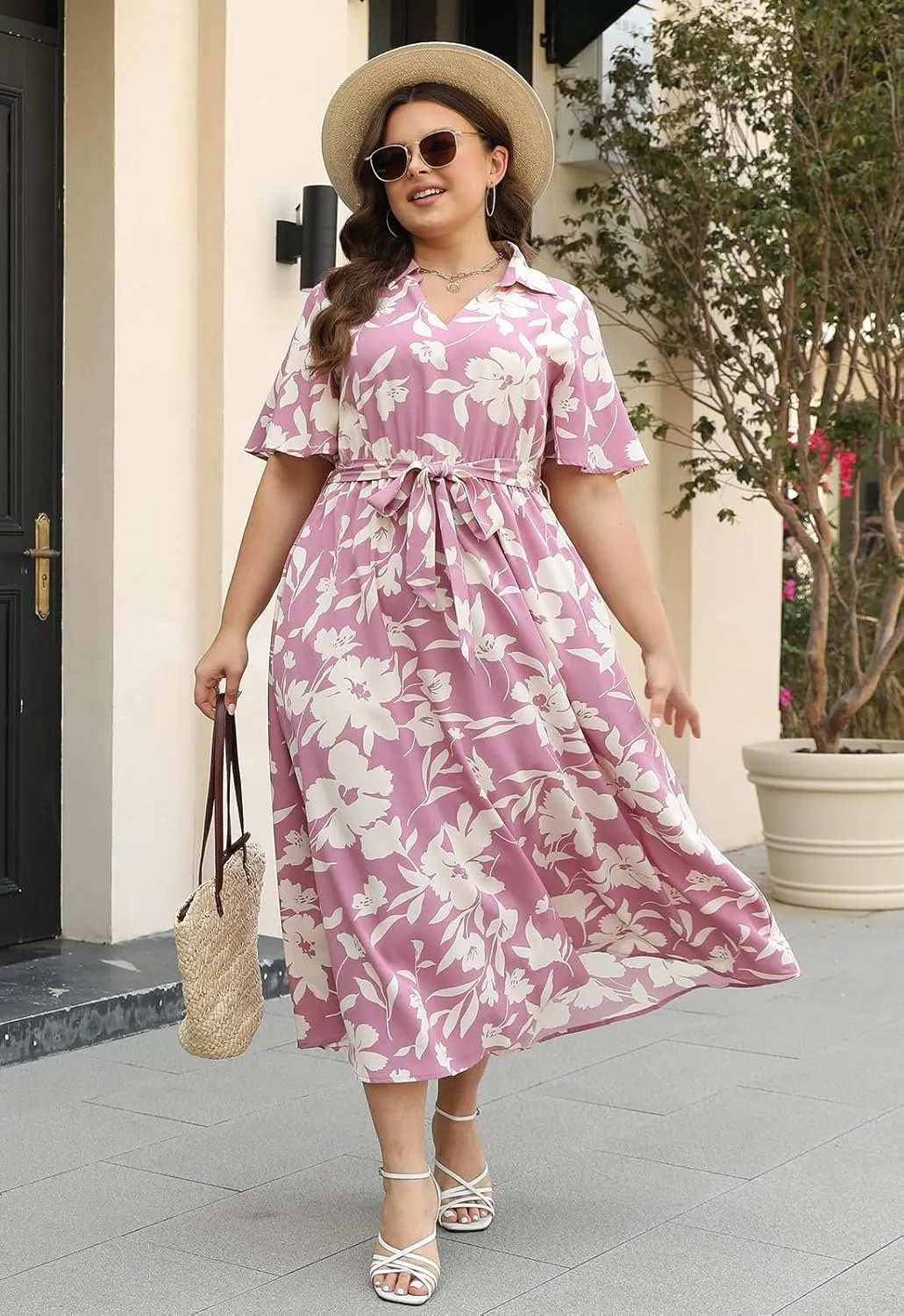 Keluummi Plus Size Wedding Guest Maxi Dresses for Curvy Women, Summer Casual Floral 3/4 Sleeve Party Wrap Dress with Pockets