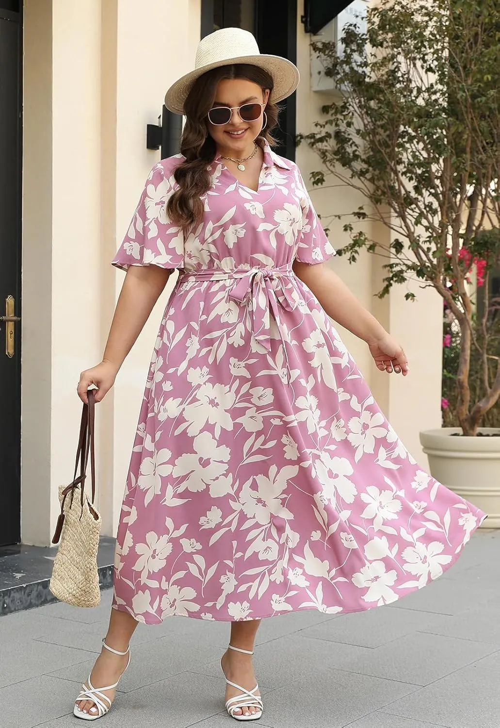 Keluummi Plus Size Wedding Guest Maxi Dresses for Curvy Women, Summer Casual Floral 3/4 Sleeve Party Wrap Dress with Pockets