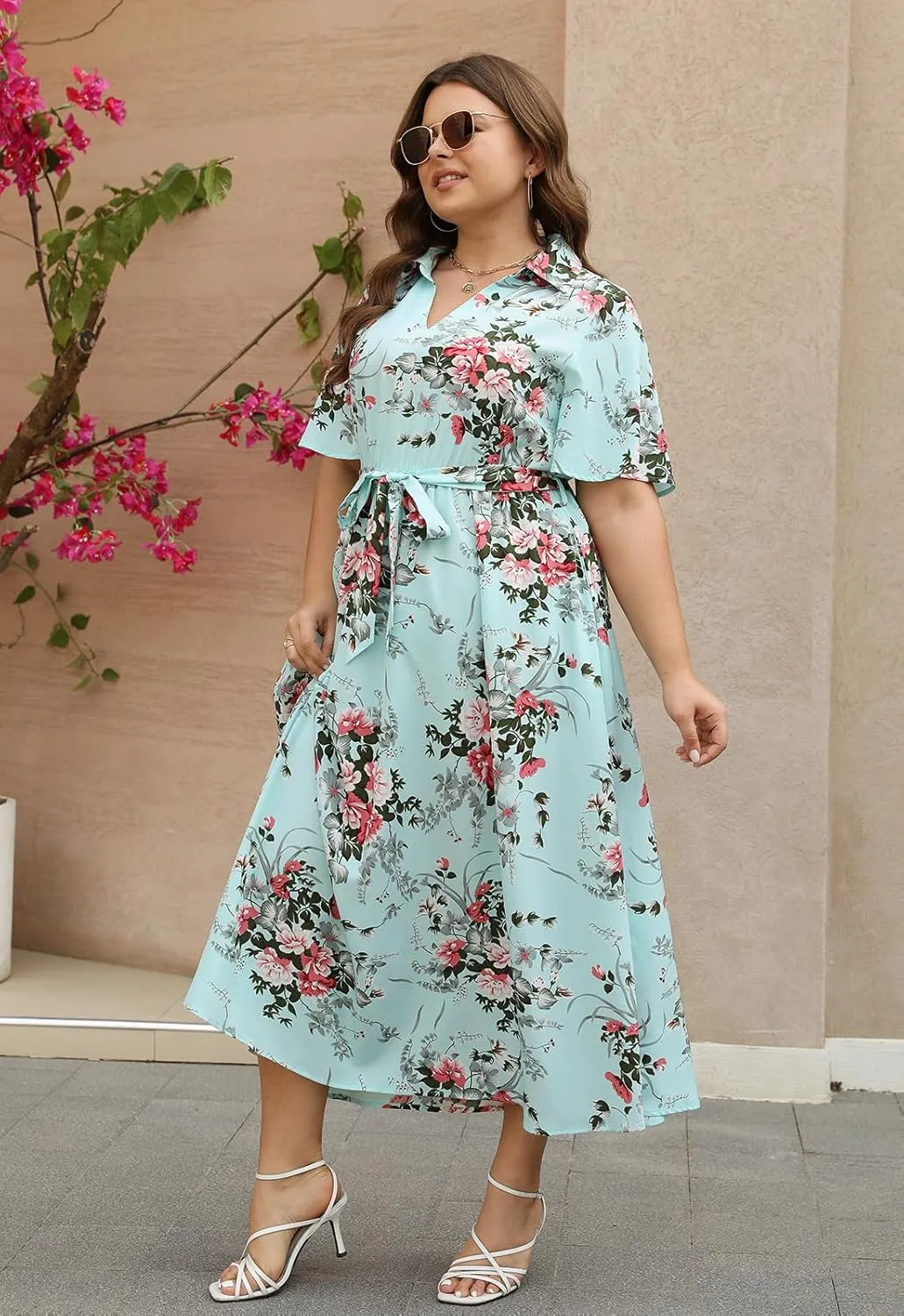 Keluummi Plus Size Wedding Guest Maxi Dresses for Curvy Women, Summer Casual Floral 3/4 Sleeve Party Wrap Dress with Pockets