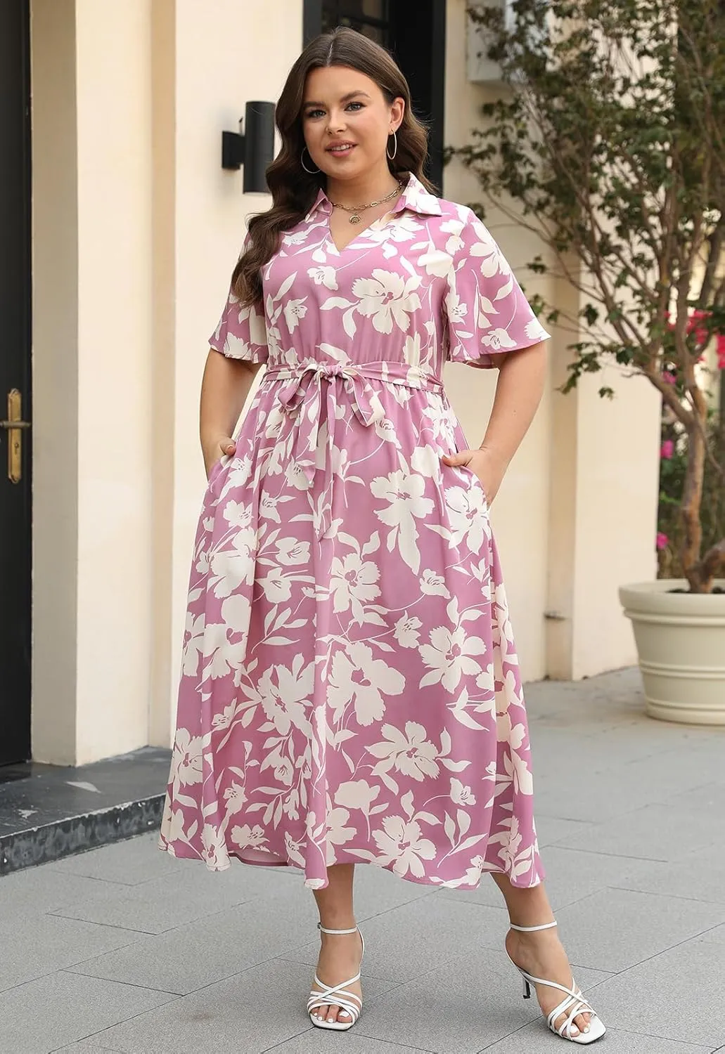 Keluummi Plus Size Wedding Guest Maxi Dresses for Curvy Women, Summer Casual Floral 3/4 Sleeve Party Wrap Dress with Pockets