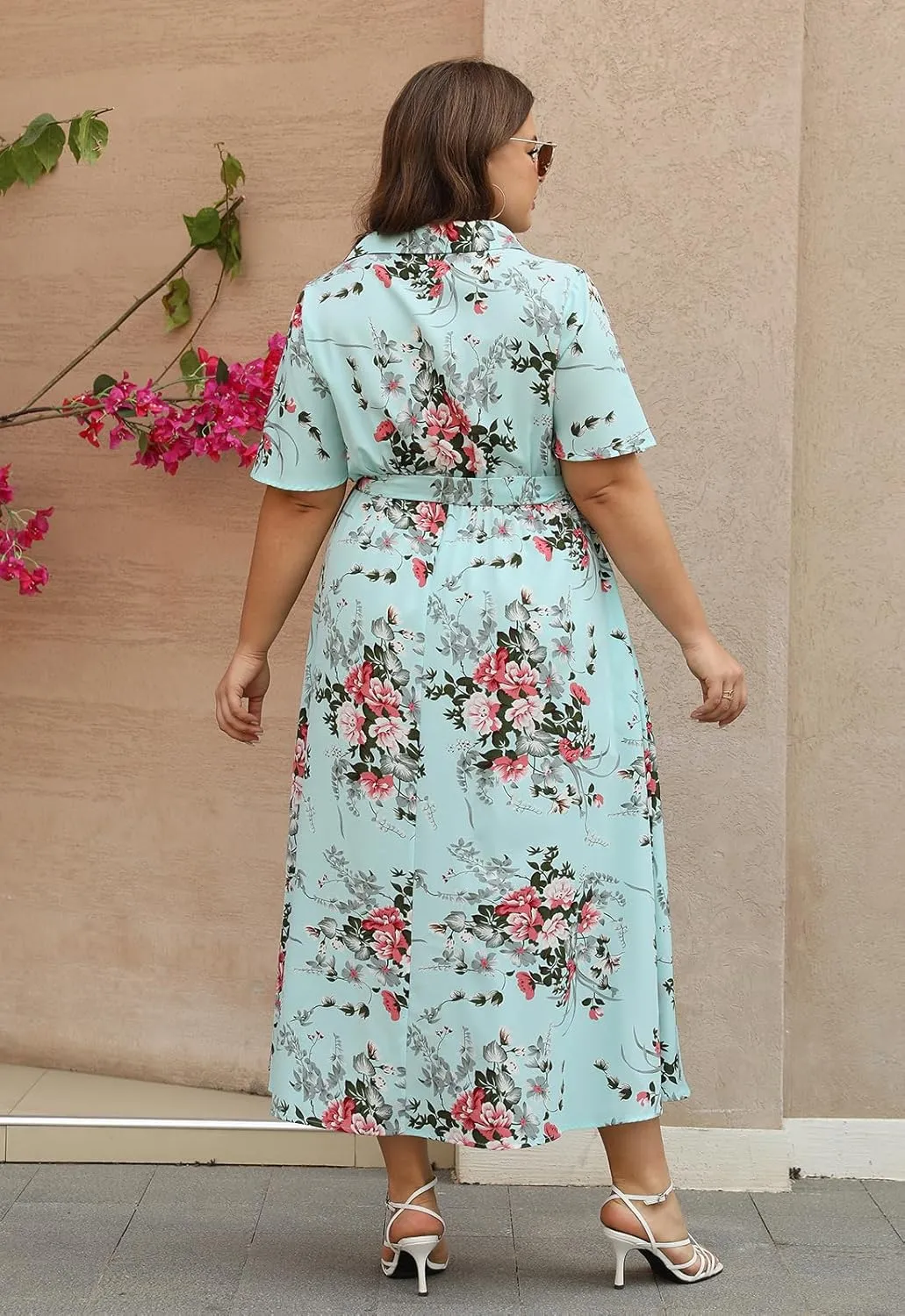 Keluummi Plus Size Wedding Guest Maxi Dresses for Curvy Women, Summer Casual Floral 3/4 Sleeve Party Wrap Dress with Pockets