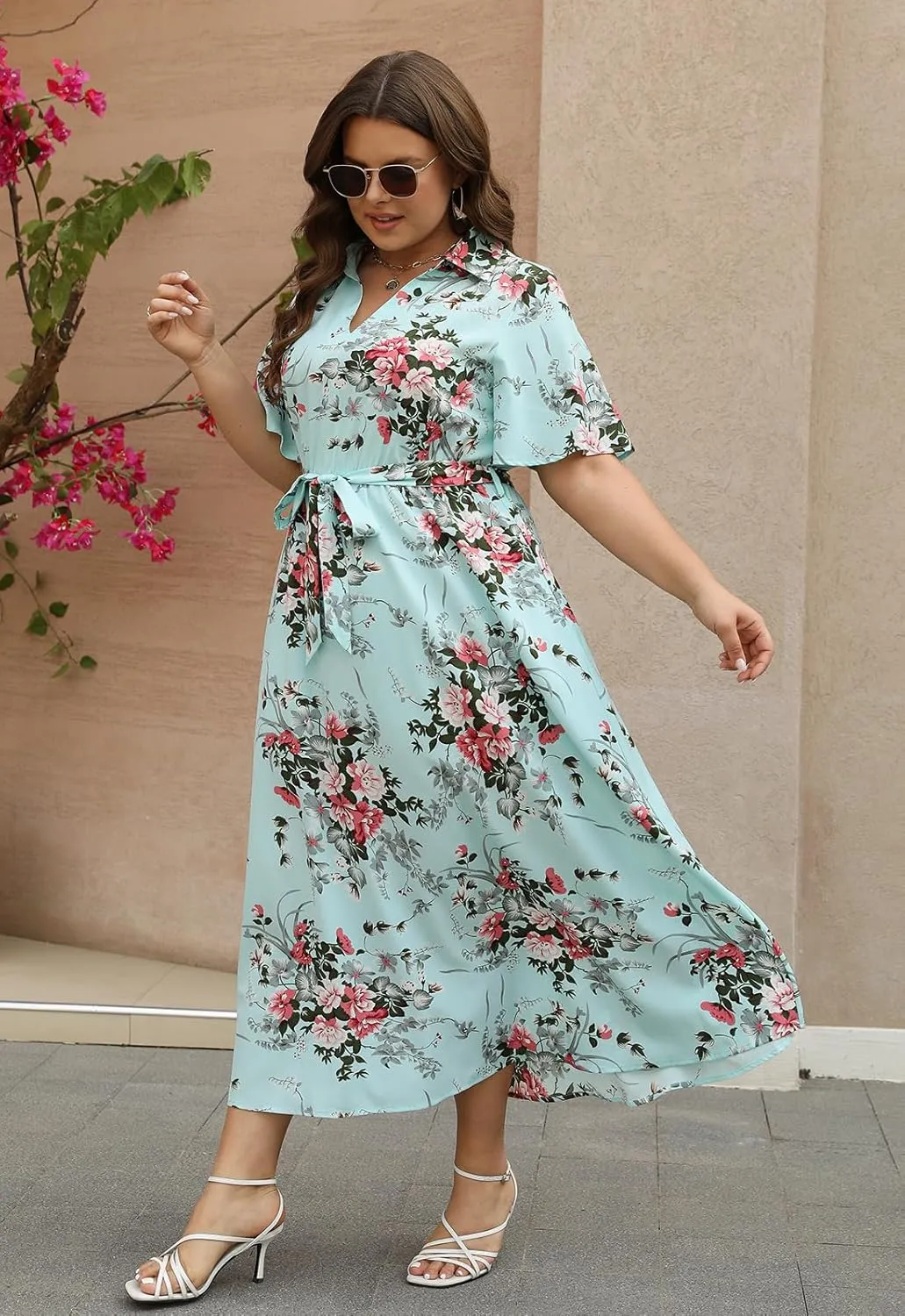 Keluummi Plus Size Wedding Guest Maxi Dresses for Curvy Women, Summer Casual Floral 3/4 Sleeve Party Wrap Dress with Pockets