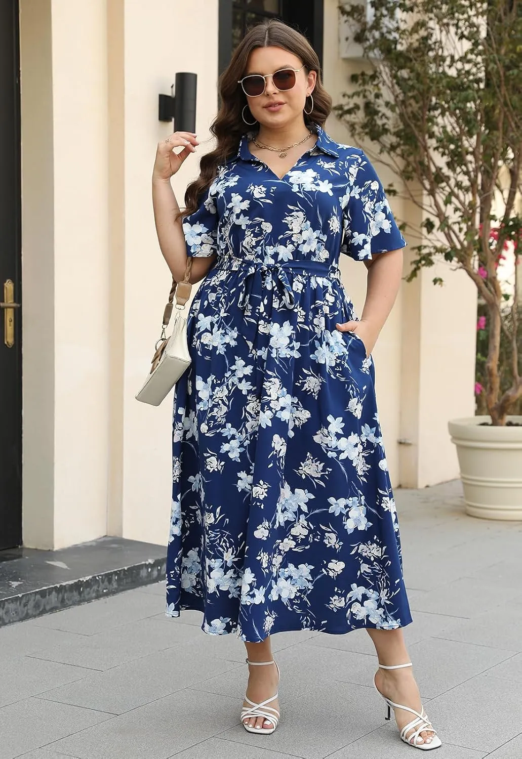 Keluummi Plus Size Wedding Guest Maxi Dresses for Curvy Women, Summer Casual Floral 3/4 Sleeve Party Wrap Dress with Pockets
