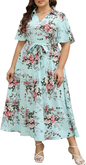 Keluummi Plus Size Wedding Guest Maxi Dresses for Curvy Women, Summer Casual Floral 3/4 Sleeve Party Wrap Dress with Pockets