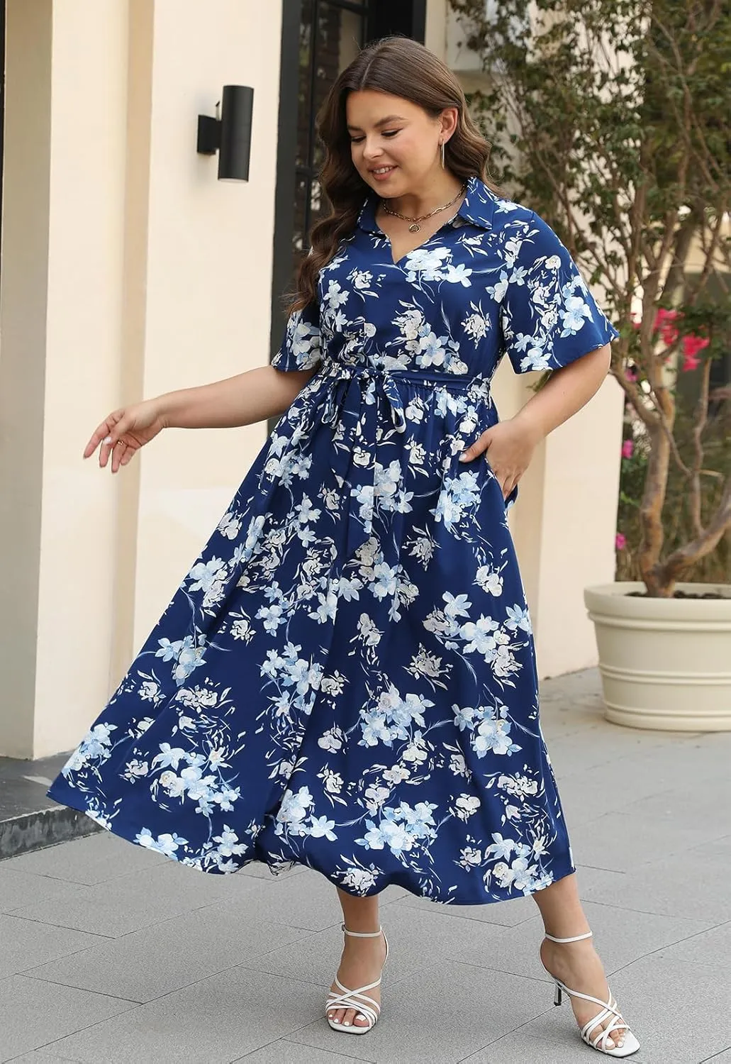 Keluummi Plus Size Wedding Guest Maxi Dresses for Curvy Women, Summer Casual Floral 3/4 Sleeve Party Wrap Dress with Pockets
