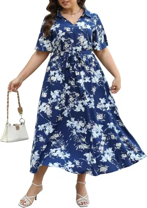Keluummi Plus Size Wedding Guest Maxi Dresses for Curvy Women, Summer Casual Floral 3/4 Sleeve Party Wrap Dress with Pockets