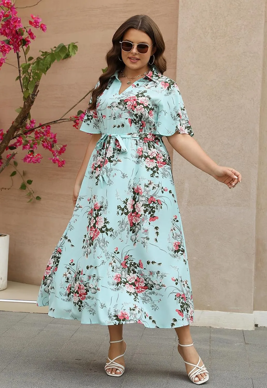 Keluummi Plus Size Wedding Guest Maxi Dresses for Curvy Women, Summer Casual Floral 3/4 Sleeve Party Wrap Dress with Pockets