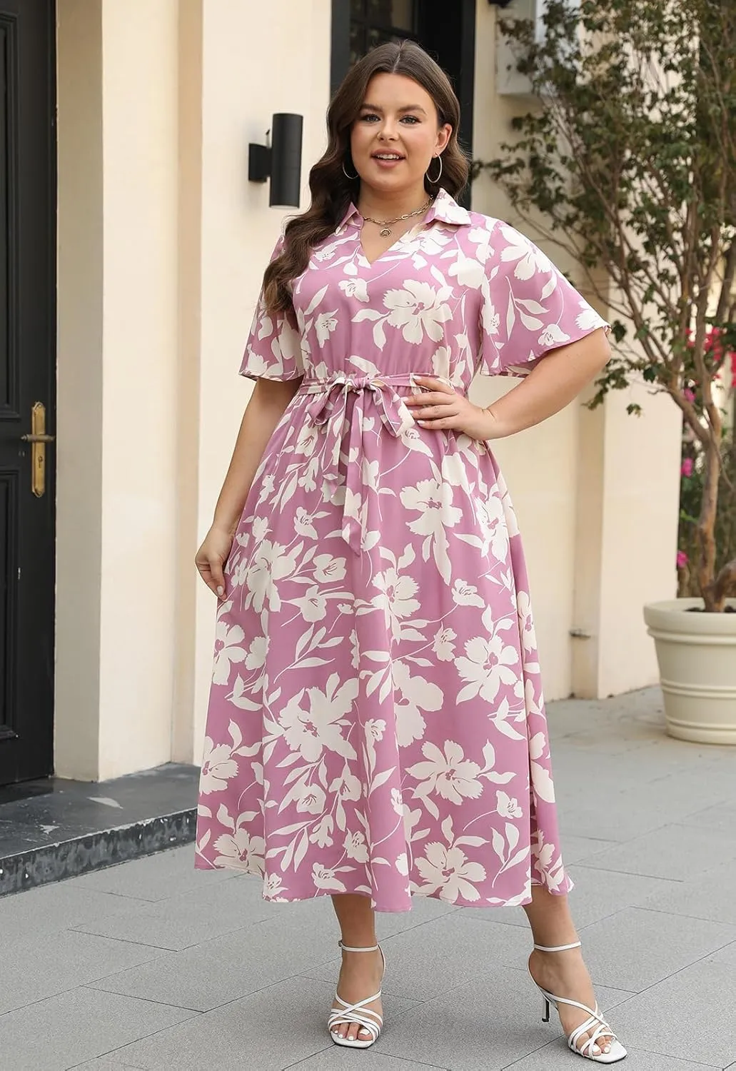 Keluummi Plus Size Wedding Guest Maxi Dresses for Curvy Women, Summer Casual Floral 3/4 Sleeve Party Wrap Dress with Pockets