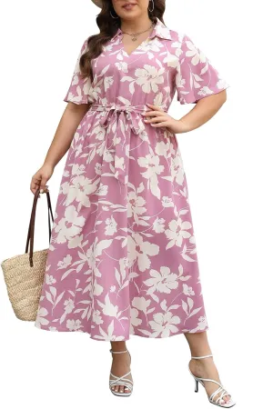 Keluummi Plus Size Wedding Guest Maxi Dresses for Curvy Women, Summer Casual Floral 3/4 Sleeve Party Wrap Dress with Pockets