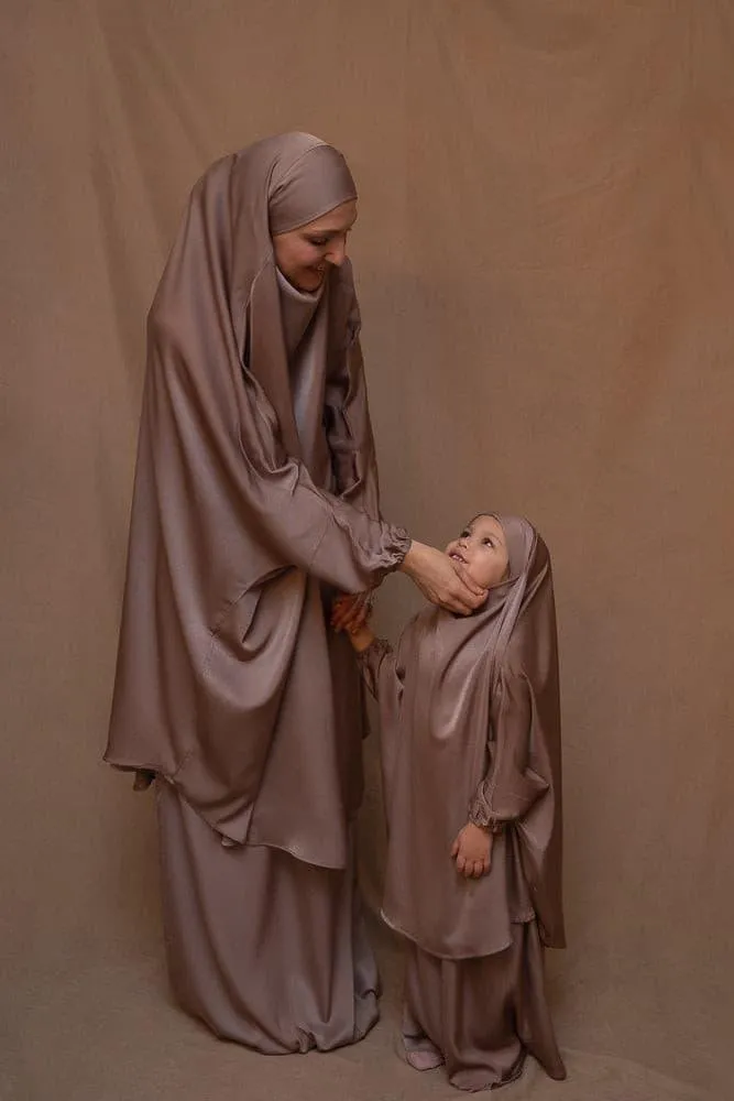 KIDS Coffee Satin Prayer Outfit with Adjustable Khimar