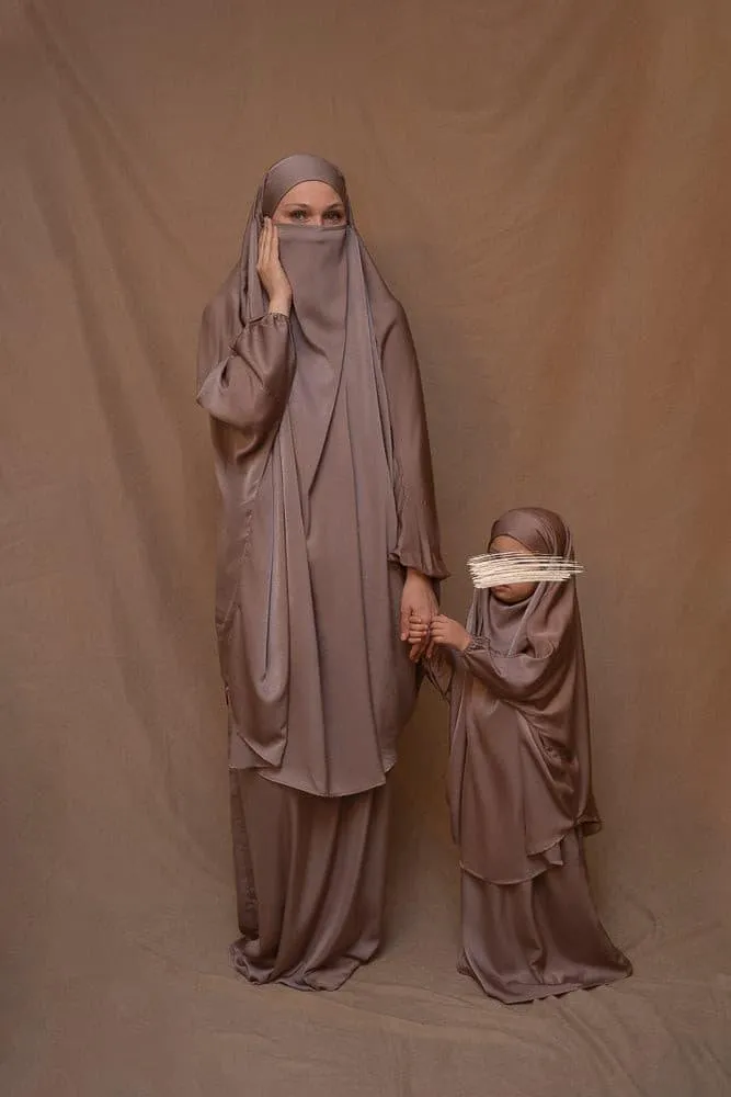 KIDS Coffee Satin Prayer Outfit with Adjustable Khimar
