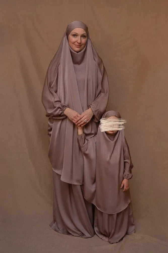 KIDS Coffee Satin Prayer Outfit with Adjustable Khimar