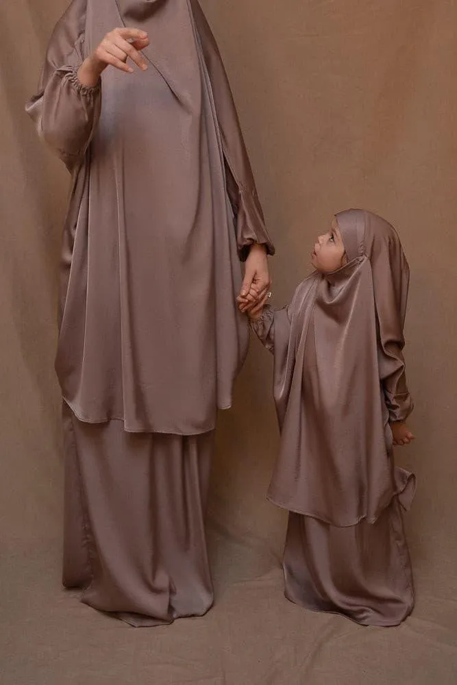 KIDS Coffee Satin Prayer Outfit with Adjustable Khimar