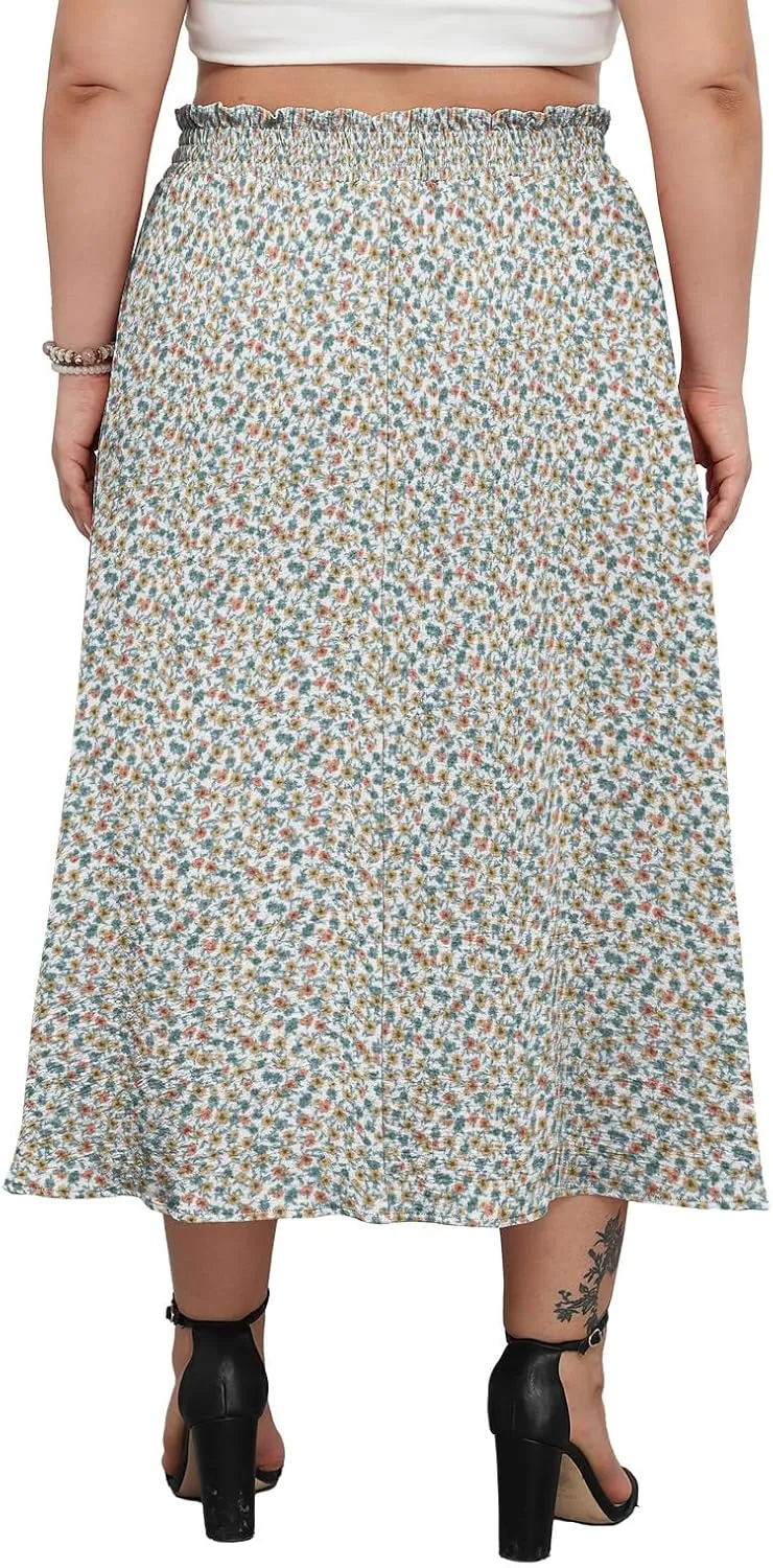 Lastshe Plus Size Maxi Skirts for Women Summer Boho Pleated Elastic High Waist A-line Long Skirt with Pockets