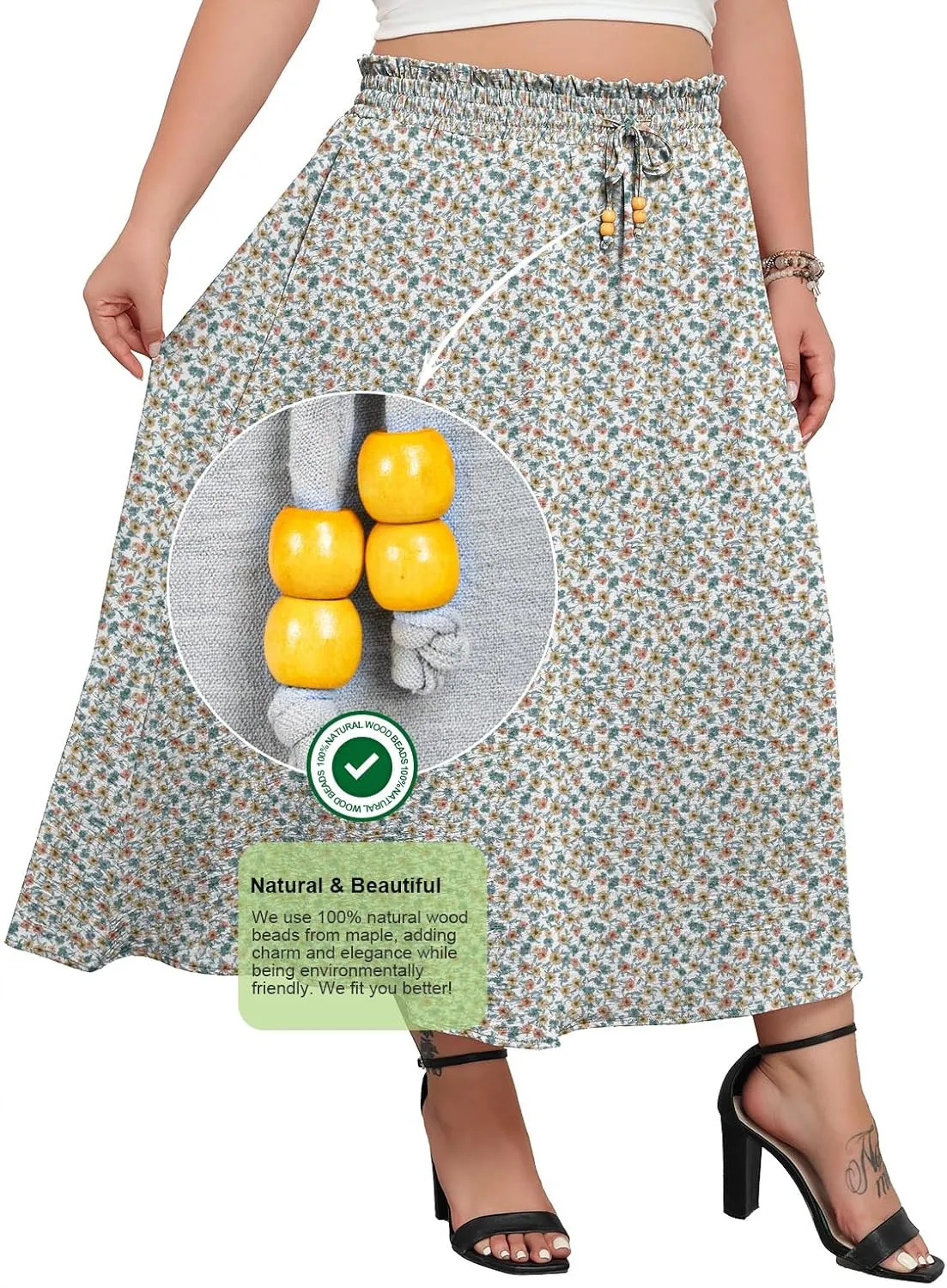 Lastshe Plus Size Maxi Skirts for Women Summer Boho Pleated Elastic High Waist A-line Long Skirt with Pockets