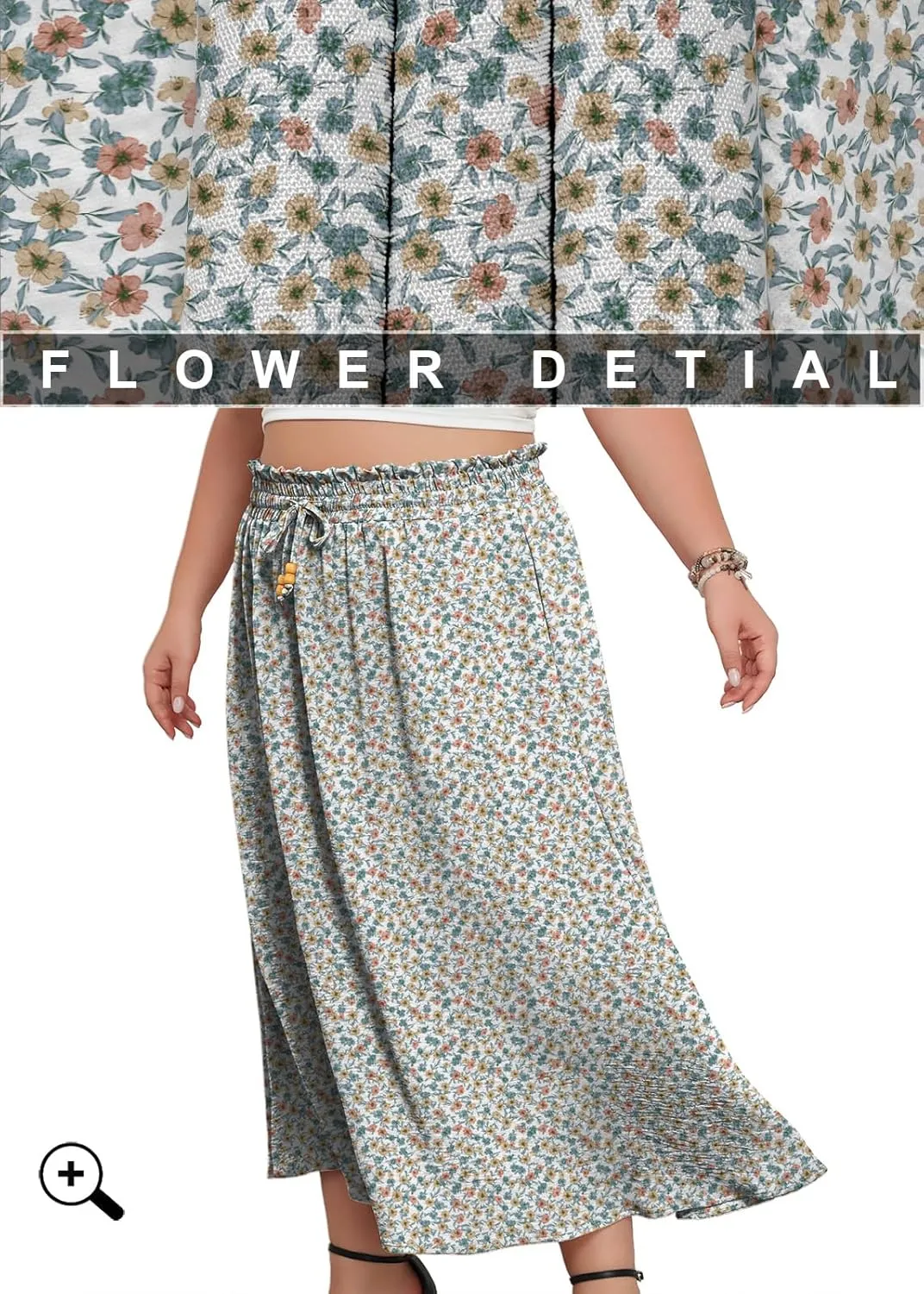 Lastshe Plus Size Maxi Skirts for Women Summer Boho Pleated Elastic High Waist A-line Long Skirt with Pockets
