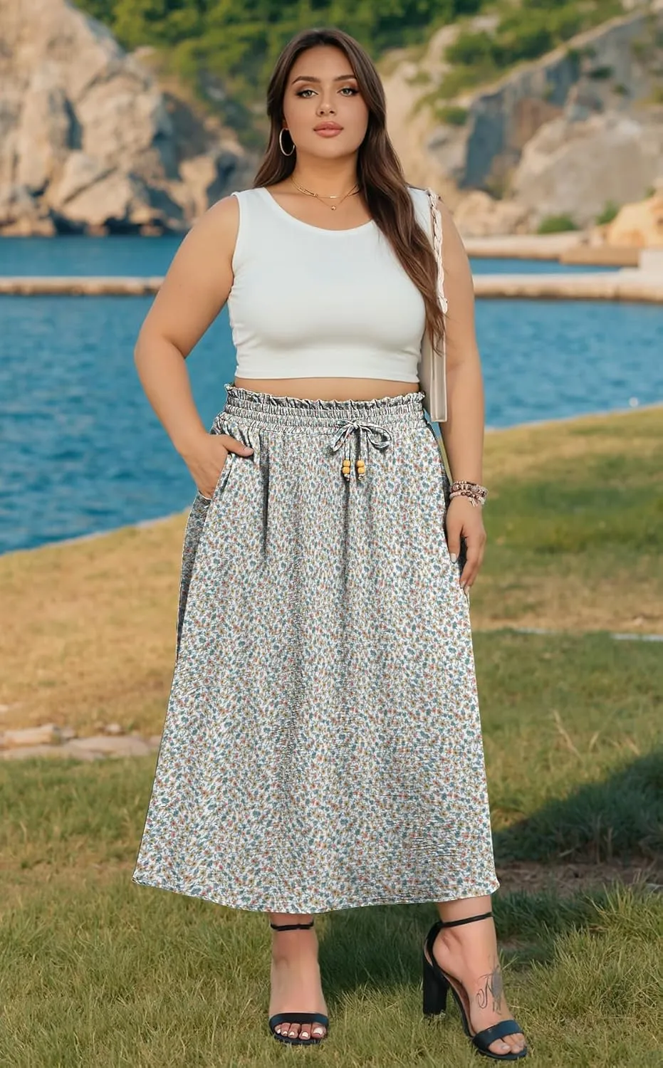 Lastshe Plus Size Maxi Skirts for Women Summer Boho Pleated Elastic High Waist A-line Long Skirt with Pockets